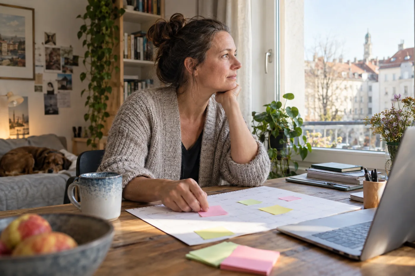 Frau plant an einem Tisch mit Kalender und Notizzetteln die nächsten beruflichen Schritte