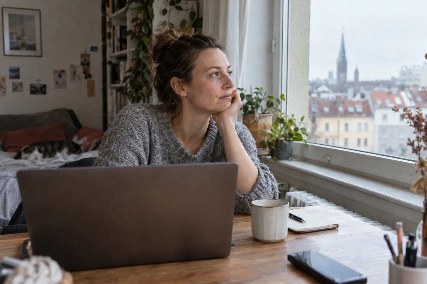 Frau macht nach einer Bewerbungspause am Schreibtisch einen ruhigen Moment am Fenster