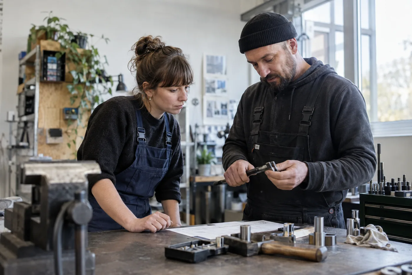 Neue Mitarbeiterin lernt in einer Werkstatt einen praktischen Arbeitsschritt