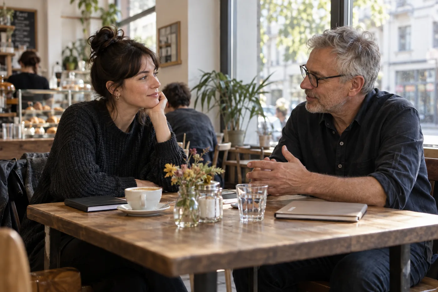 Zwei Erwachsene sprechen in einem Café über berufliche Erfahrungen