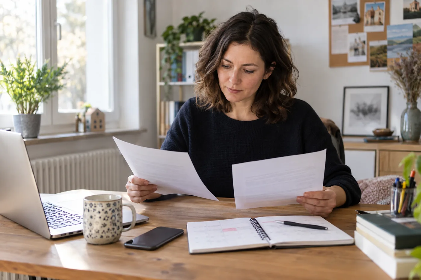 Frau prüft zu Hause zwei Arbeitsverträge und einen Kalender
