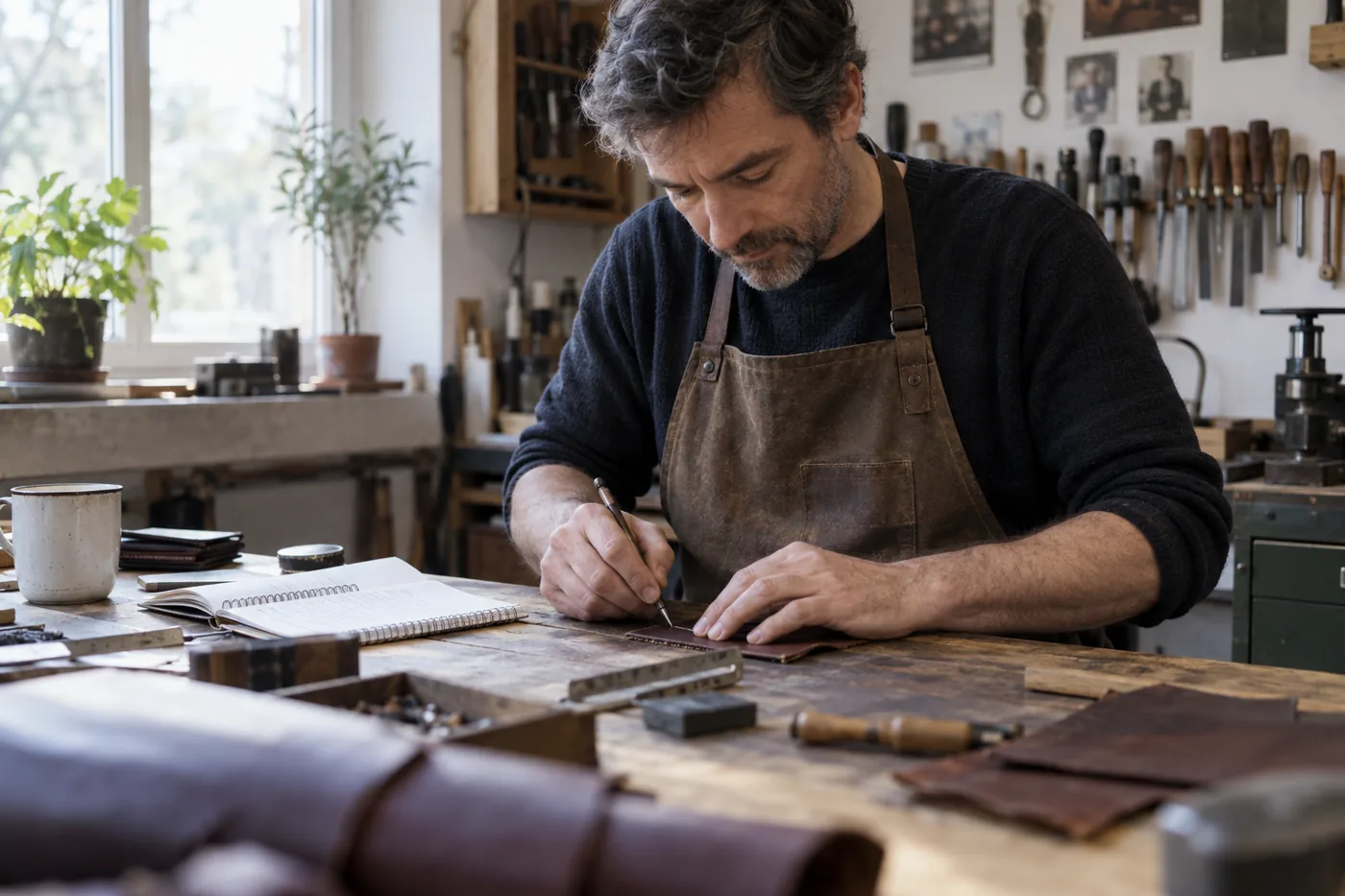 Handwerker arbeitet konzentriert an einem Kundenauftrag in seiner Werkstatt