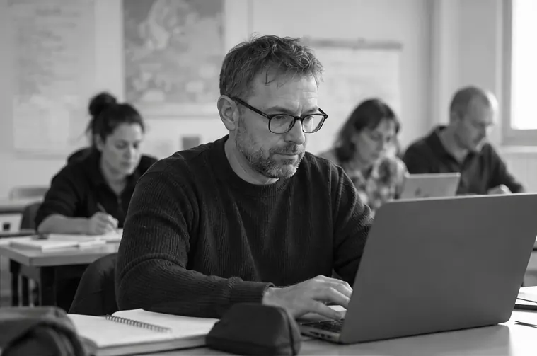 Erwachsener lernt am Laptop in einem Kursraum